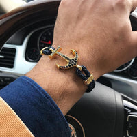 Bracelet - 18K YELLOW GOLD ANCHOR BLACK LEATHER